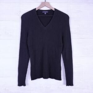 Lands' End 100% Cashmere Sweater Women Large V-Neck Black Ribbed Classic Minimal